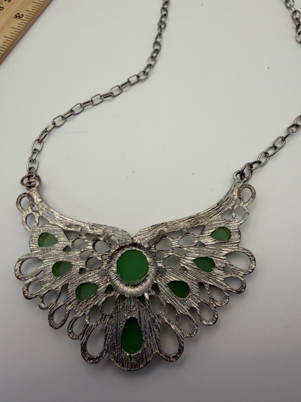 Mint Green Statement Necklace Bib Openwork Silver Tone - Picture 5 of 6